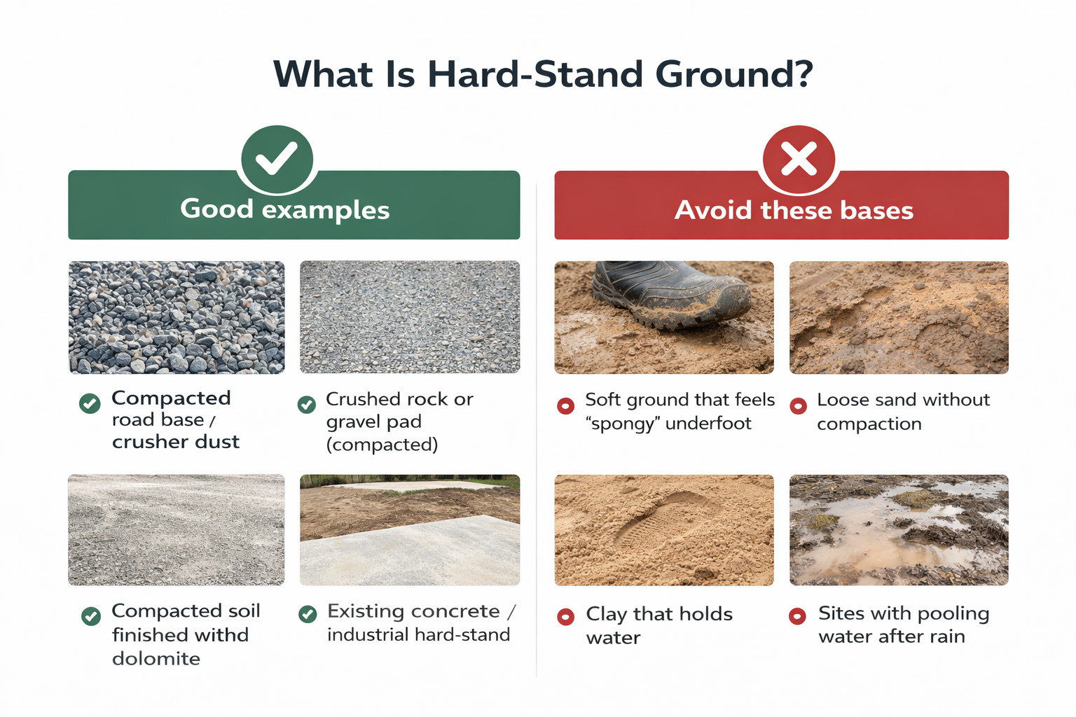 Hard-stand ground examples for container house footing — good vs avoid
