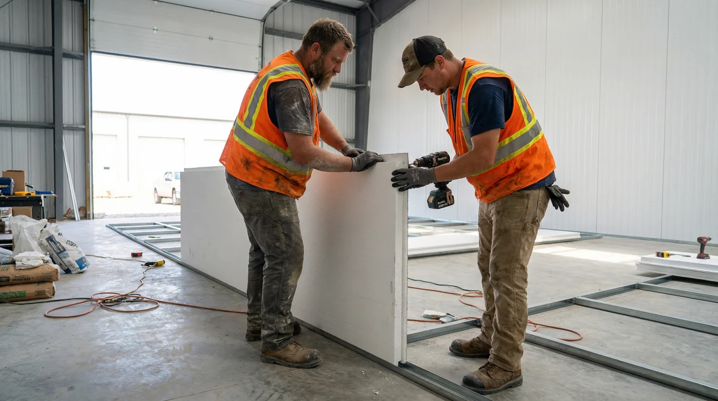 Two tradesmen installing white EPS coolroom wall panels on site — cool room panel installation guide, Cool Room Masters Adelaide