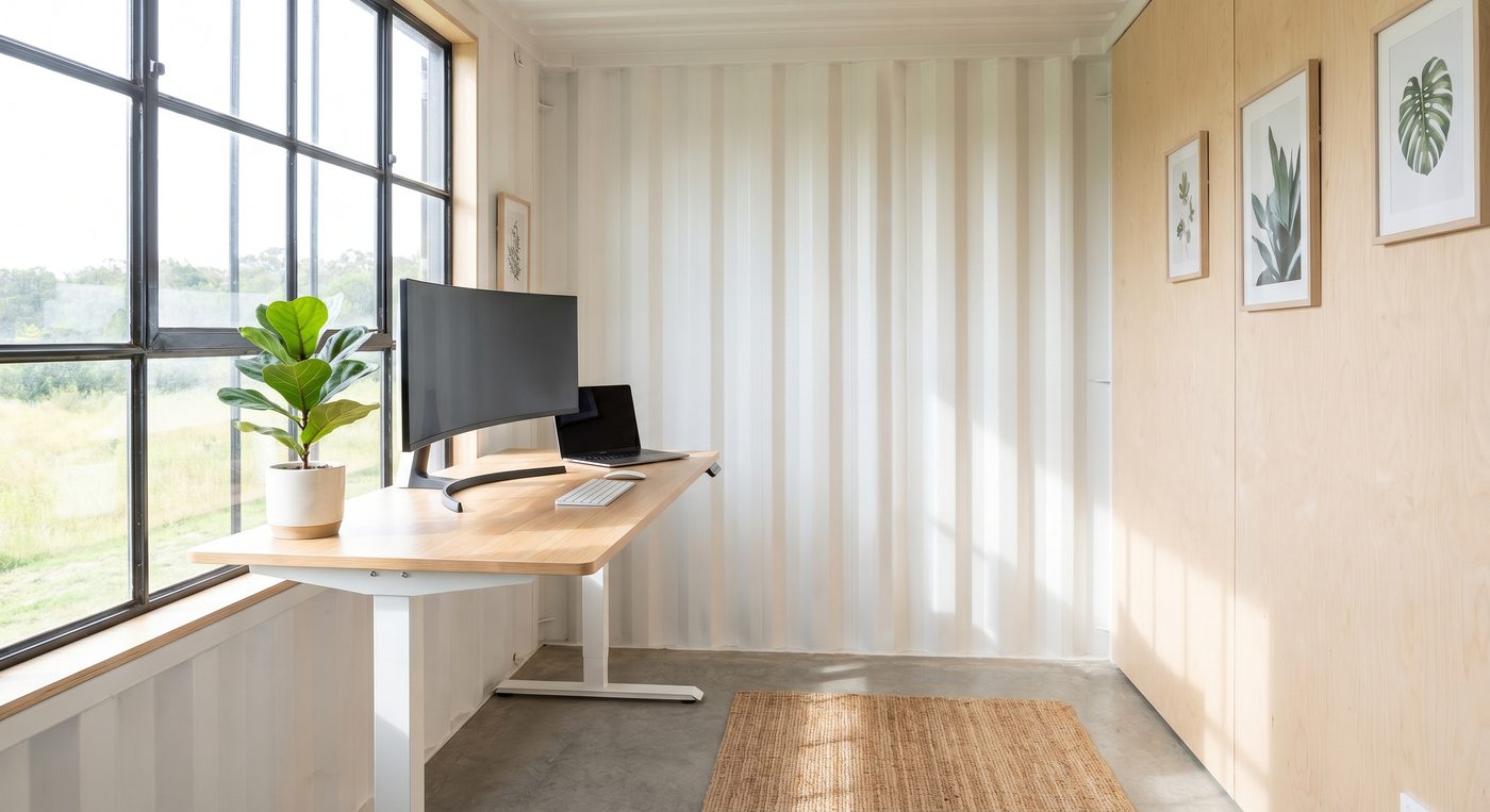 Prefab container house used as a home office in Adelaide backyard