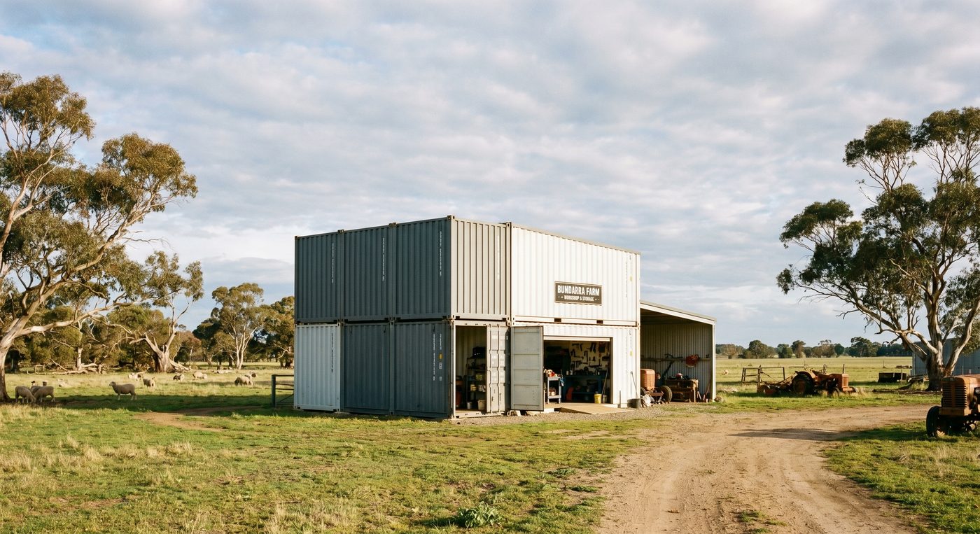 Container home as a rural farm cabin in South Australia