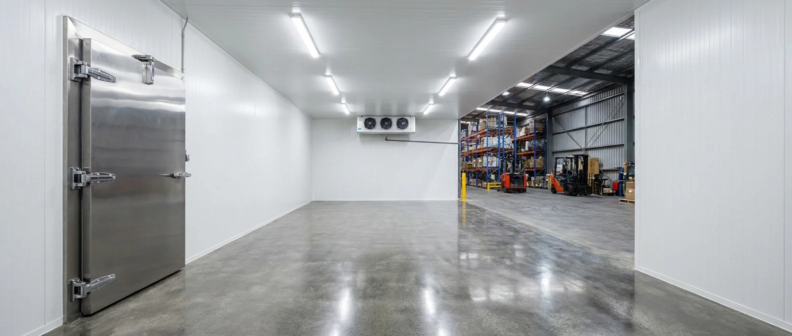 Finished commercial coolroom built from insulated sandwich panels in an Australian warehouse