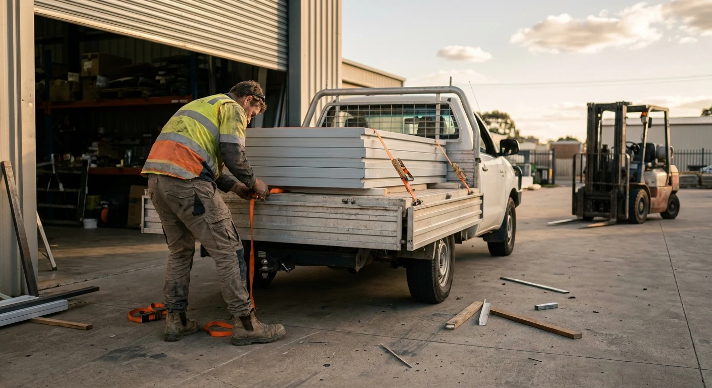 Insulated sandwich panels stacked and ready for pickup at an Adelaide warehouse