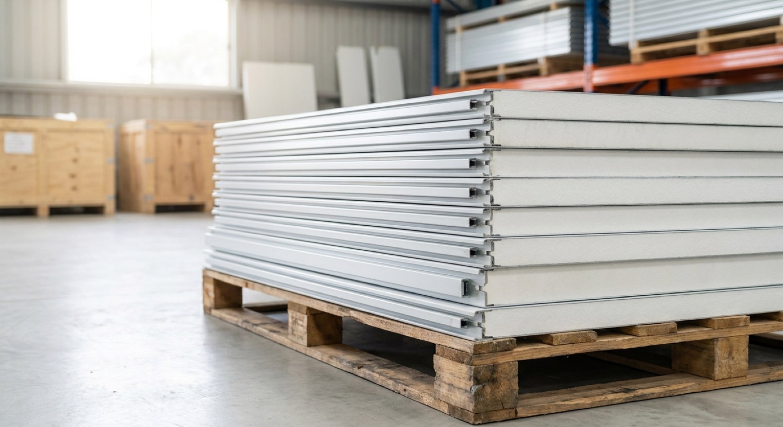 Stack of white EPS coolroom panels with cam-lock interlocking edges on a pallet in an Adelaide warehouse