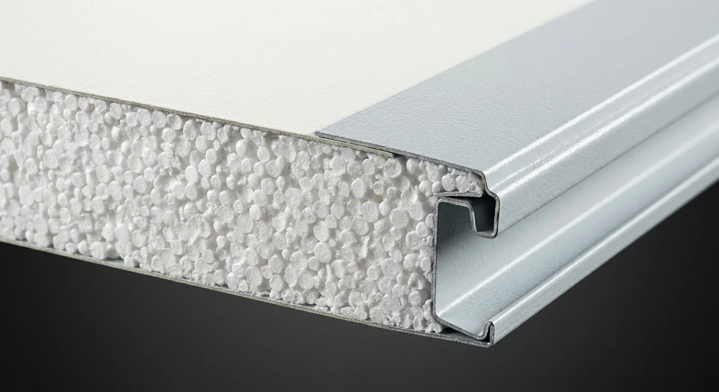 Cross-section of an EPS sandwich panel showing steel skins, foam core and Z-lock join