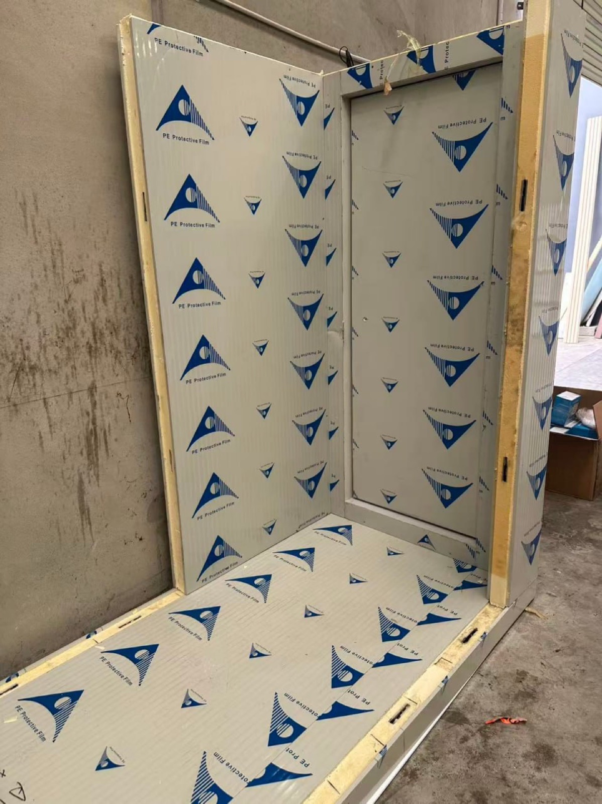 DIY freezer coolroom kit assembled - EPS panels and door with protective film