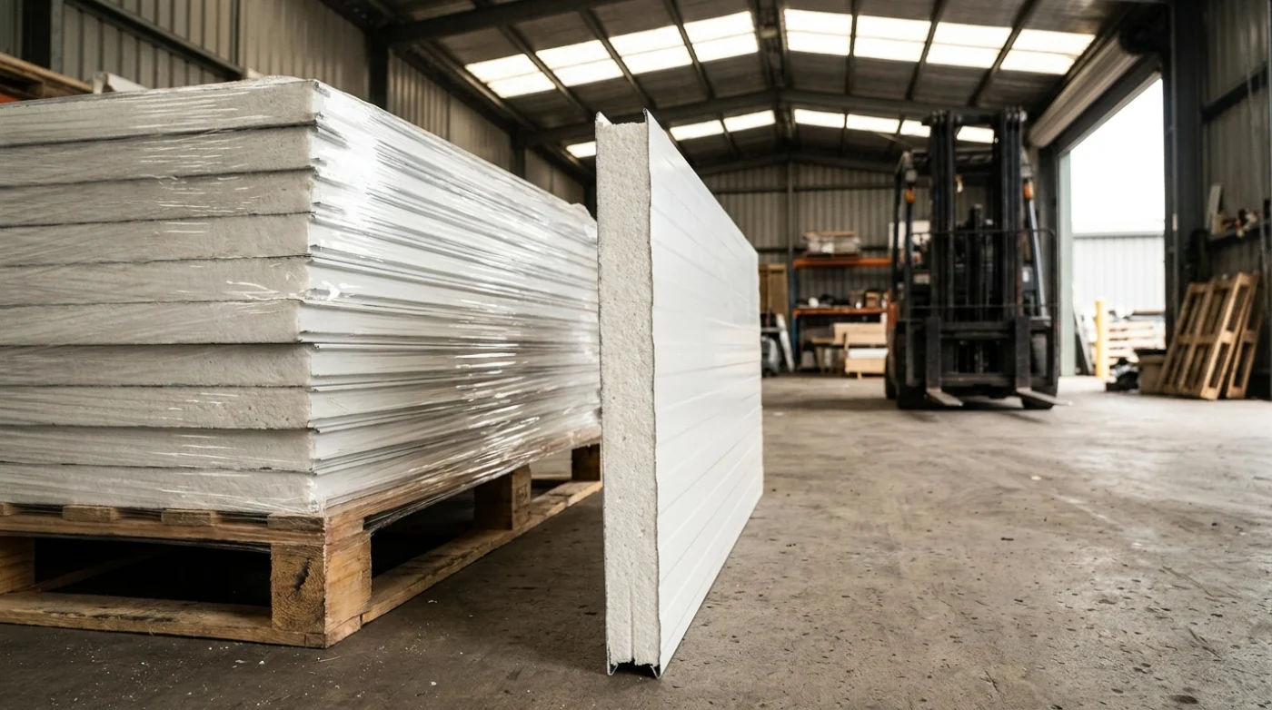 Stack of white insulated sandwich panels in an Australian warehouse showing the bonded core